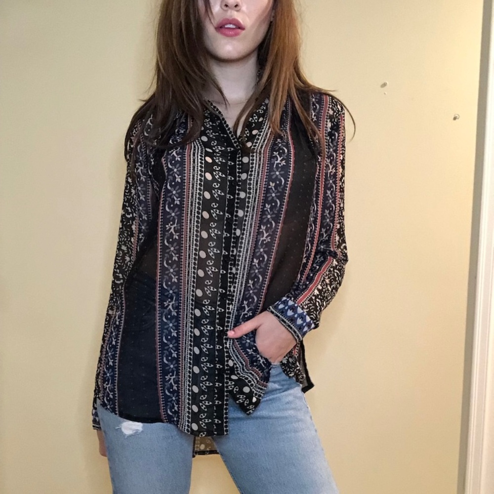 Free People Sheer Button Up Tie Back Shirt
